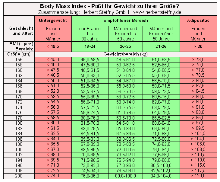 BMI Body Mass Index Empfehlenswerte Bereiche - Copyright www.herbertsteffny.de